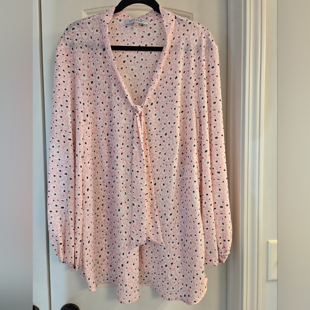 Kasper Tutu Pink Floral Long-sleeved Blouse with Front  Neck Tie, 3X